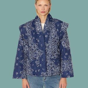 Bandana-Print Quilted Shawl Collar Puffer Jacket - Navy